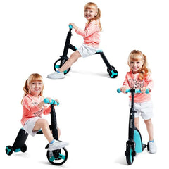 Huitich convertible tricycle for kids shown in three modes with a young girl wearing a pink shirt and white shorts