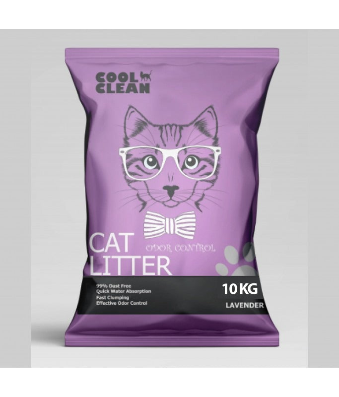 Cool Clean lavender clumping cat litter 10kg in a purple bag with odor control features