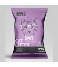 Clumping cat litter bag in lavender with cat face and glasses graphic, 10 kg