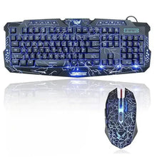 Gaming keyboard and wired mouse set with blue backlit keys and crack pattern