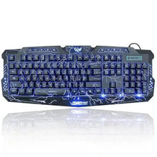 Gaming keyboard with blue backlit keys and crack-style RGB lighting