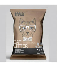 Coffee clumping cat litter bag, brown with cat graphic and 5 kg label