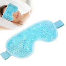 Cooling gel sleep mask with textured blue gel pad and adjustable fabric strap