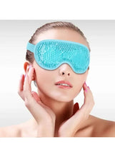Cooling gel sleep mask with textured teal-blue gel pad worn over the eyes