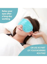 Cooling gel sleep mask with teal gel eye pad and adjustable strap resting on eyes