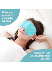 Huitich cooling gel sleep mask in blue worn by woman relaxing on bed to soothe eyes