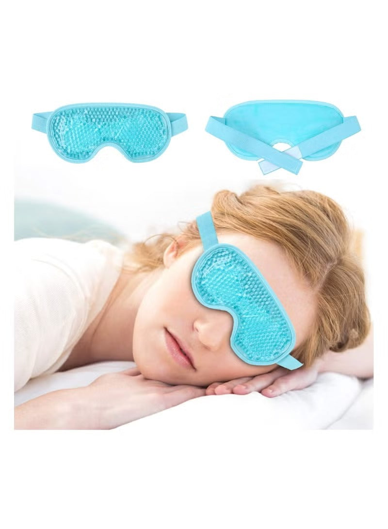 Huitich cooling gel sleep mask in blue shown on woman resting and separate front and back views