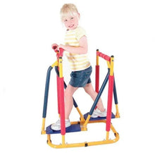 Balance fitness trainer with blue foot pads and red/yellow support frame, in use.