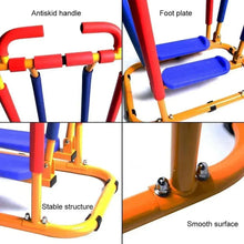Balance trainer details: red antiskid handle, blue foot plates, yellow stable base.