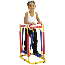 Balance fitness trainer with two blue foot platforms and red/yellow handles, in use.