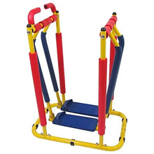 Balance fitness trainer with red and yellow frame, blue foot platforms, and handles.