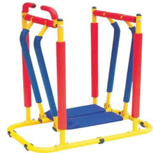 Balance fitness trainer with twin handle bars, blue platform deck, red and yellow frame.