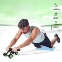 Wheel roller ab exerciser with black frame and green wheels on floor, used in plank