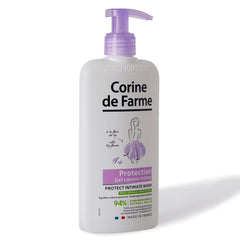 Corine de Farme intimate care gel white bottle with purple pump protective intimate wash made in France