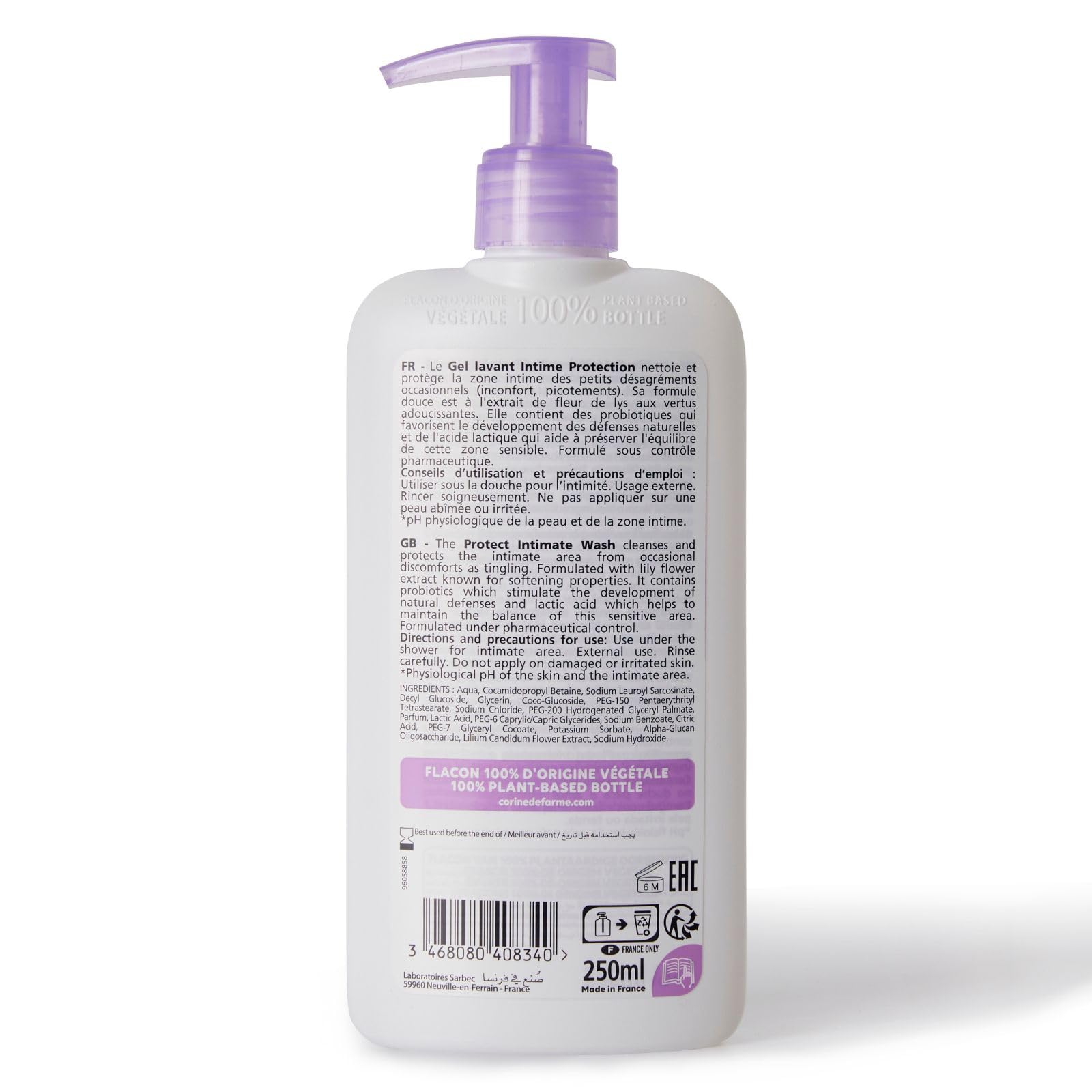 Back view of Corine de Farme intimate care gel 250ml white bottle with purple pump and label text
