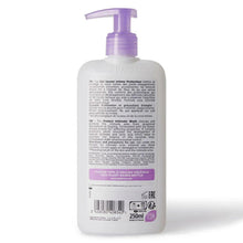 Intimate care protection gel bottle with purple pump, back label view, 250 ml