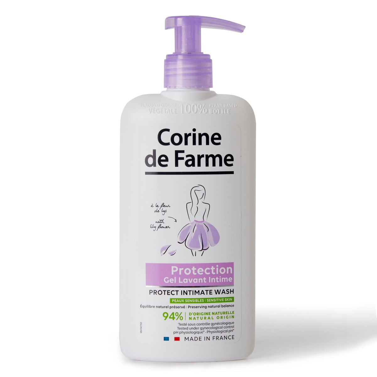 Corine de Farme intimate care gel white bottle with purple pump labeled Protection gentle intimate wash