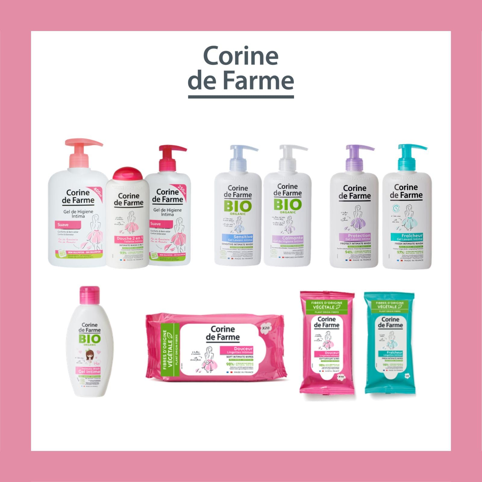 Corine de Farme intimate care gel and wipes product lineup showing multiple bottles and packs for feminine hygiene