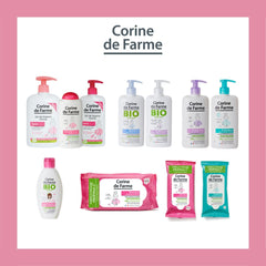 Corine de Farme intimate care gel and wipes product lineup showing multiple bottles and packs for feminine hygiene
