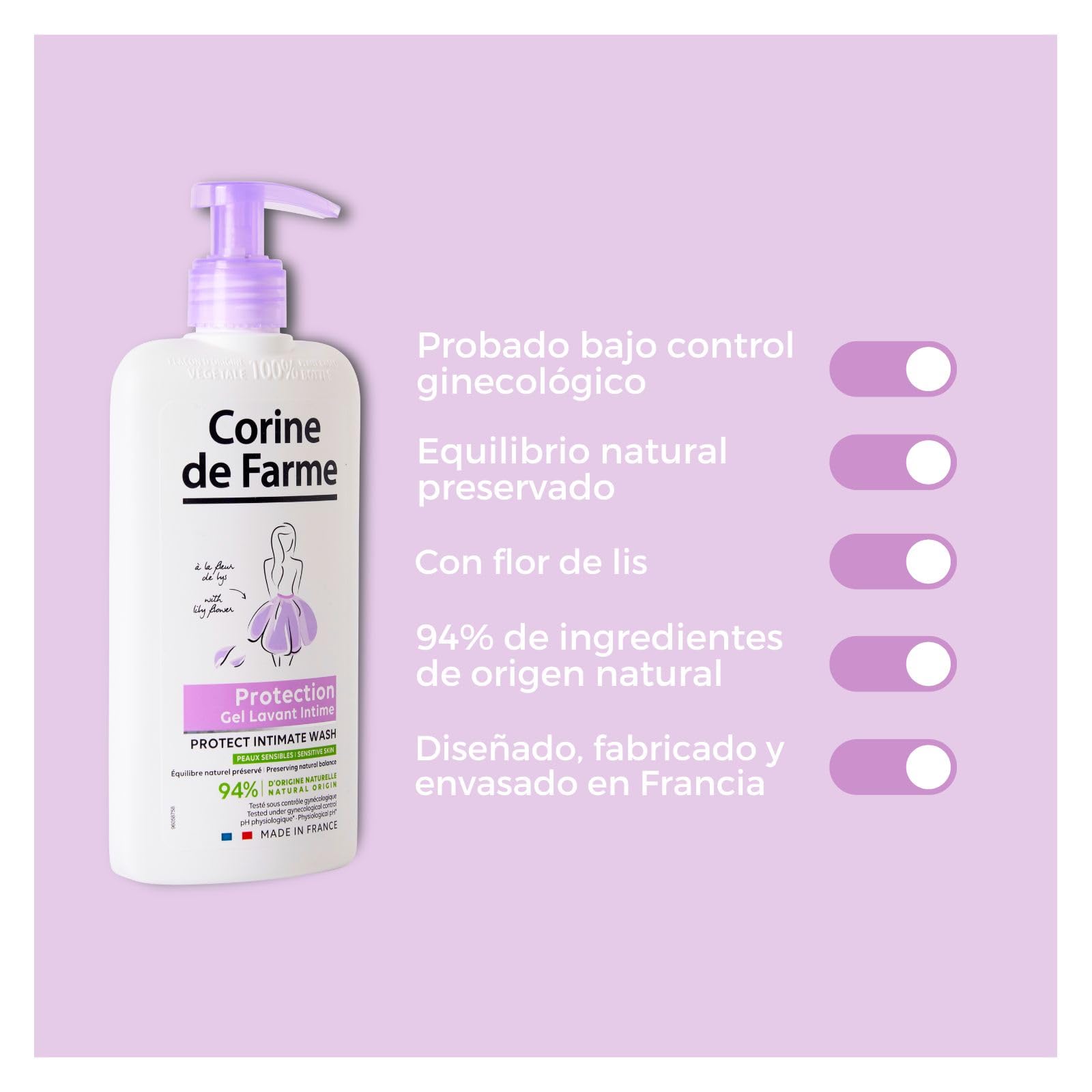 Corine de Farme intimate care gel white pump bottle on lavender background showing product benefits list