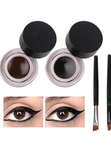 Two gel eyeliner pots with black lids and brush applicator tools