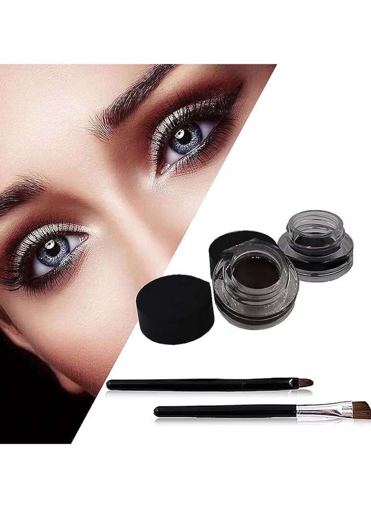 Huitich 2-in-1 gel eyeliner with brushes shown with brush applicators and close-up of eye makeup