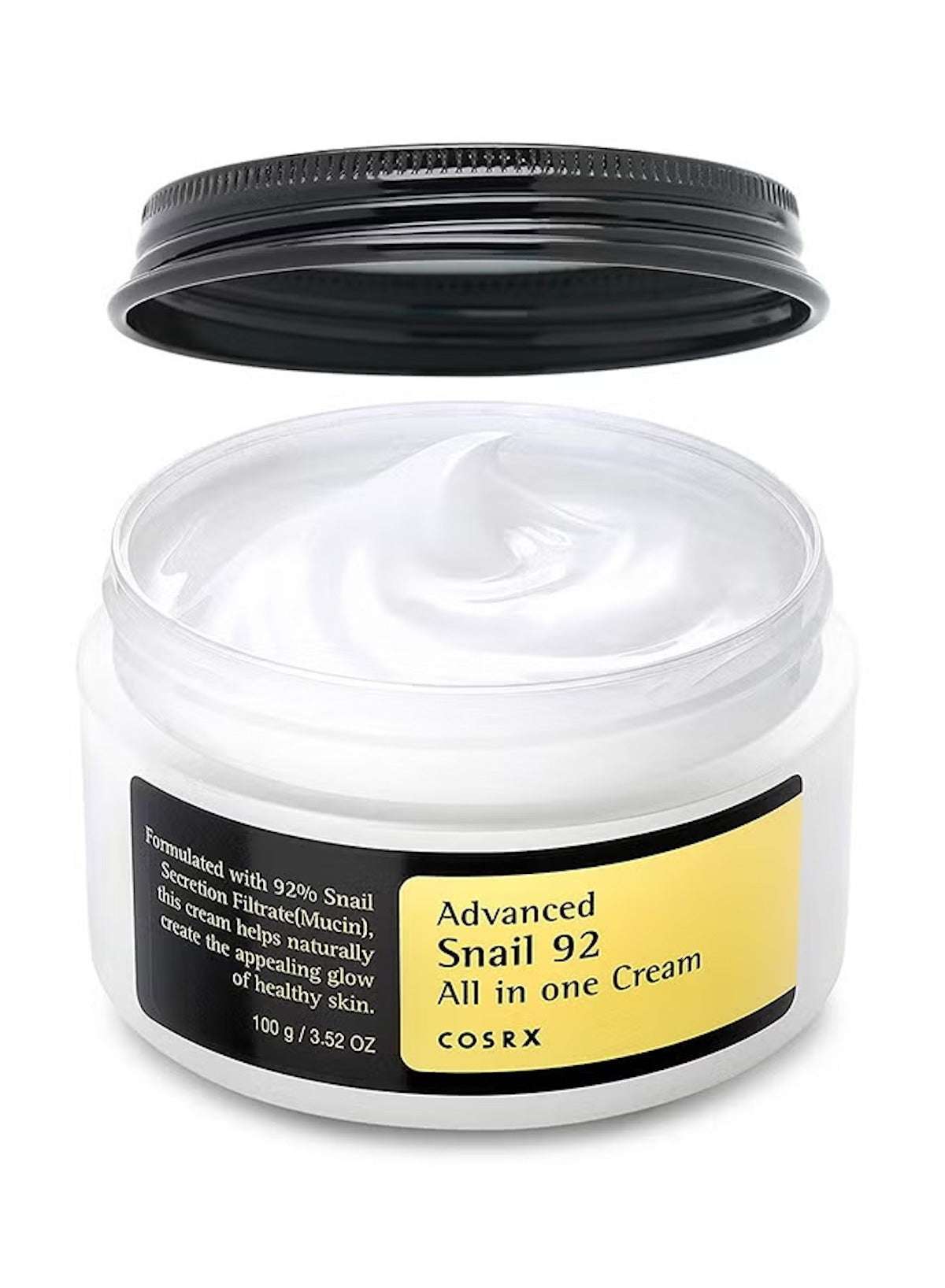 COSRX Advanced Snail 92 All In One Cream in a jar with a smooth texture for healthy skin glow