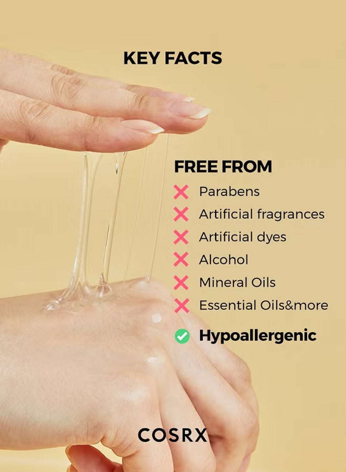 COSRX Advanced Snail 96 Mucin Power Essence applied on hand showing its smooth, viscous texture and key facts