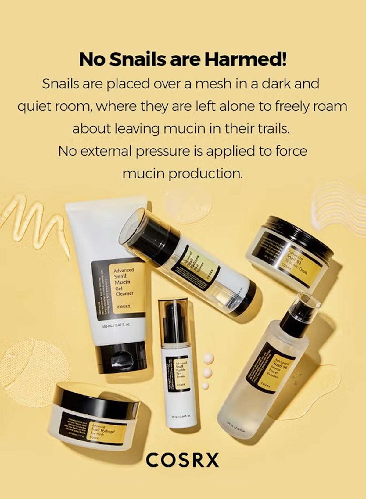 COSRX Advanced Snail 96 Mucin Power Essence along with other skincare products displayed on a textured background