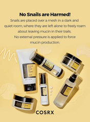 COSRX Advanced Snail 96 Mucin Power Essence along with other skincare products displayed on a textured background
