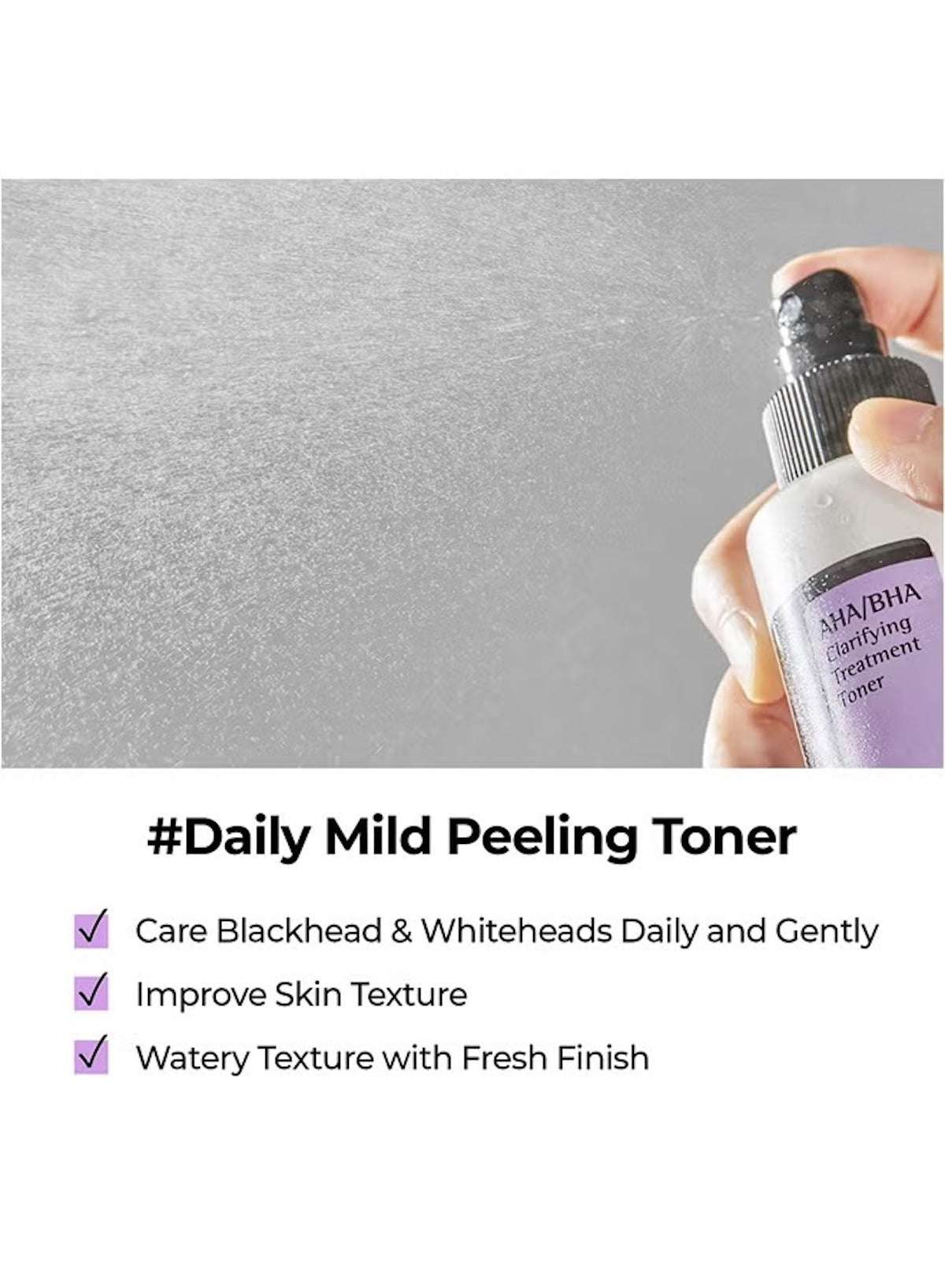 COSRX AHA BHA clarifying toner in spray bottle with fresh watery texture for improving skin texture