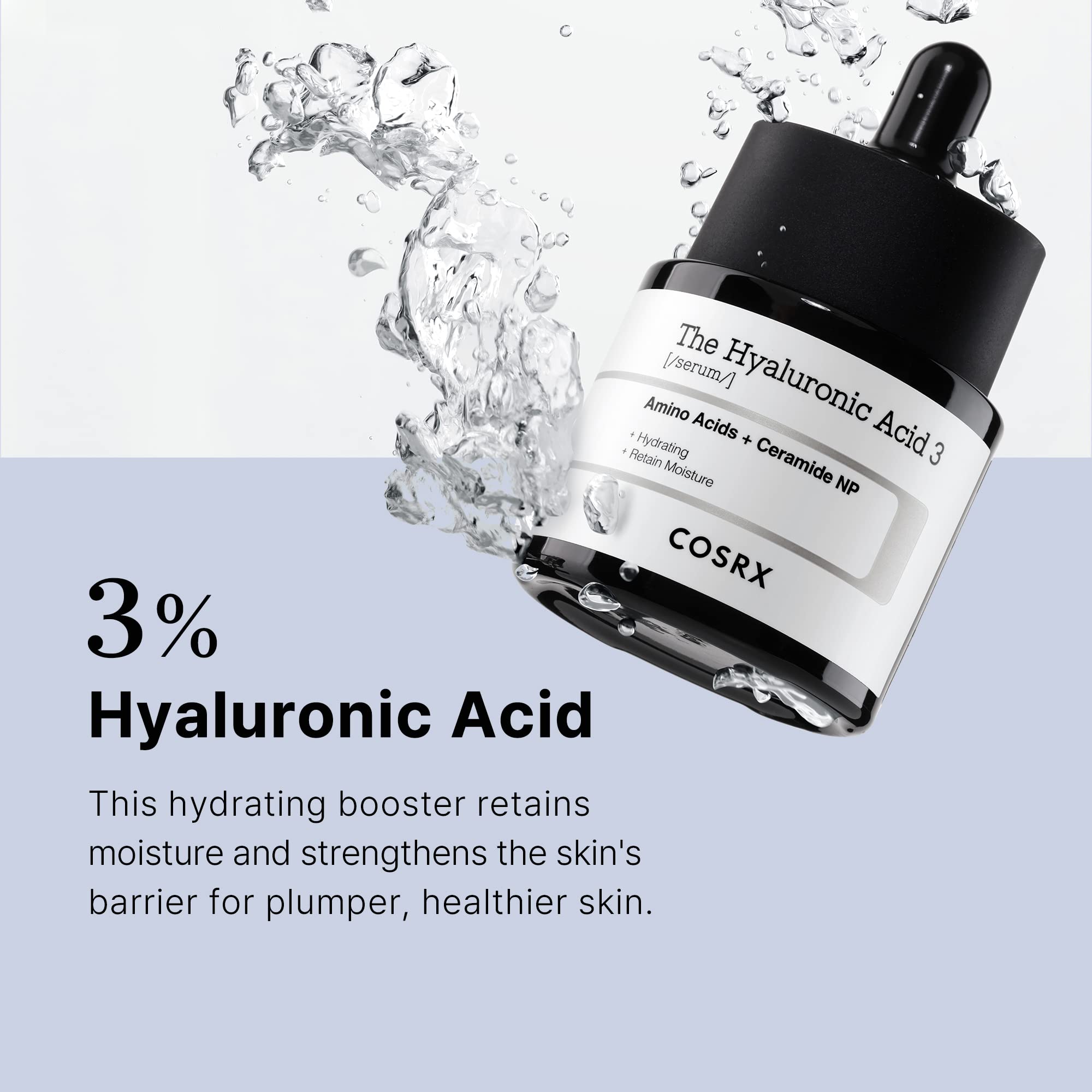 Elegant COSRX hyaluronic acid serum UAE bottle with dropper and water splash highlighting 3 percent hydration