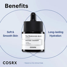 COSRX Hyaluronic Acid 3 Serum bottle with hydration benefits callouts