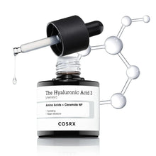 COSRX Hyaluronic Acid 3 Serum bottle with open dropper, black cap and white label