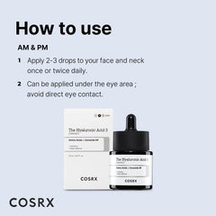 COSRX hyaluronic acid serum UAE bottle and box displayed with How to use AM PM instructions on light blue background