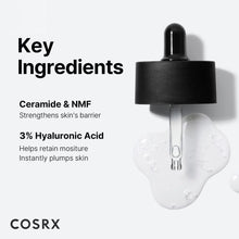 COSRX Hyaluronic Acid 3 Serum bottle with droplet icon and 'Key Ingredients' labels
