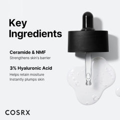 COSRX hyaluronic acid serum UAE dropper and clear gel droplet beside text listing key ingredients and benefits