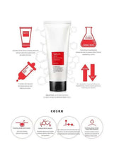 Facial cleanser tube with red accents and hexagon graphic callouts on sides