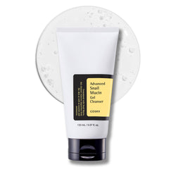 COSRX Advanced Snail Mucin Gel Cleanser tube with clear gel background for gentle skincare