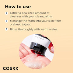 Instructions showing how to use Cosrx Snail Mucin Gel Cleanser with image of gel being dispensed on palm