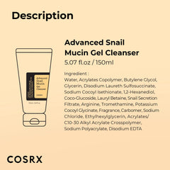 COSRX Advanced Snail Mucin Gel Cleanser 150ml tube with key ingredients list on beige background