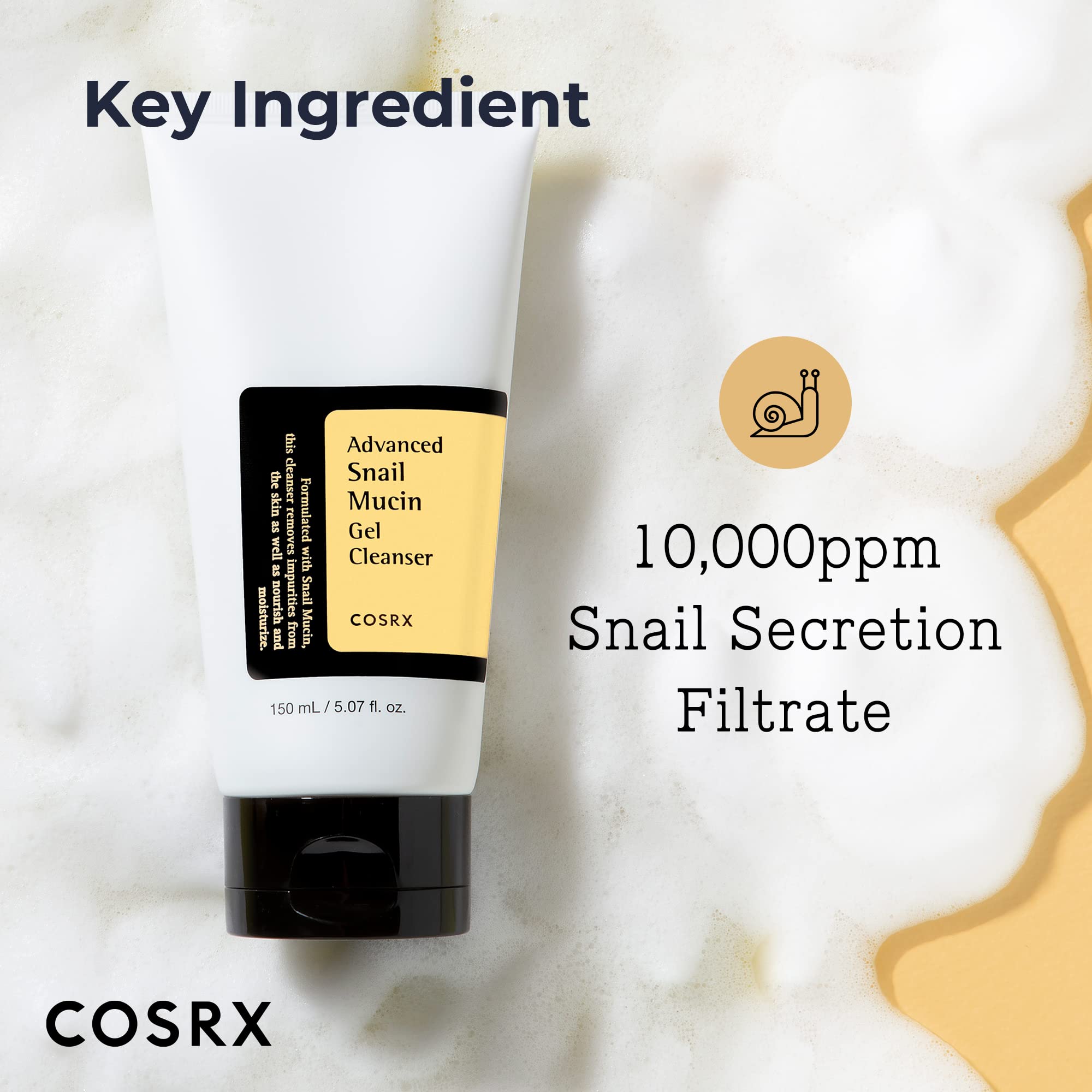 COSRX Cosrx Snail Mucin Gel Cleanser tube on foam background highlighting 10000ppm snail secretion filtrate key ingredient
