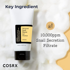 COSRX Cosrx Snail Mucin Gel Cleanser tube on foam background highlighting 10000ppm snail secretion filtrate key ingredient