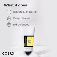 COSRX Cosrx Snail Mucin Gel Cleanser tube with foam highlighting deep cleanse and skin barrier restore