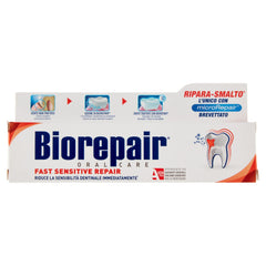 Biorepair toothpaste for sensitive teeth box showing Fast Sensitive Repair branding and tooth graphic