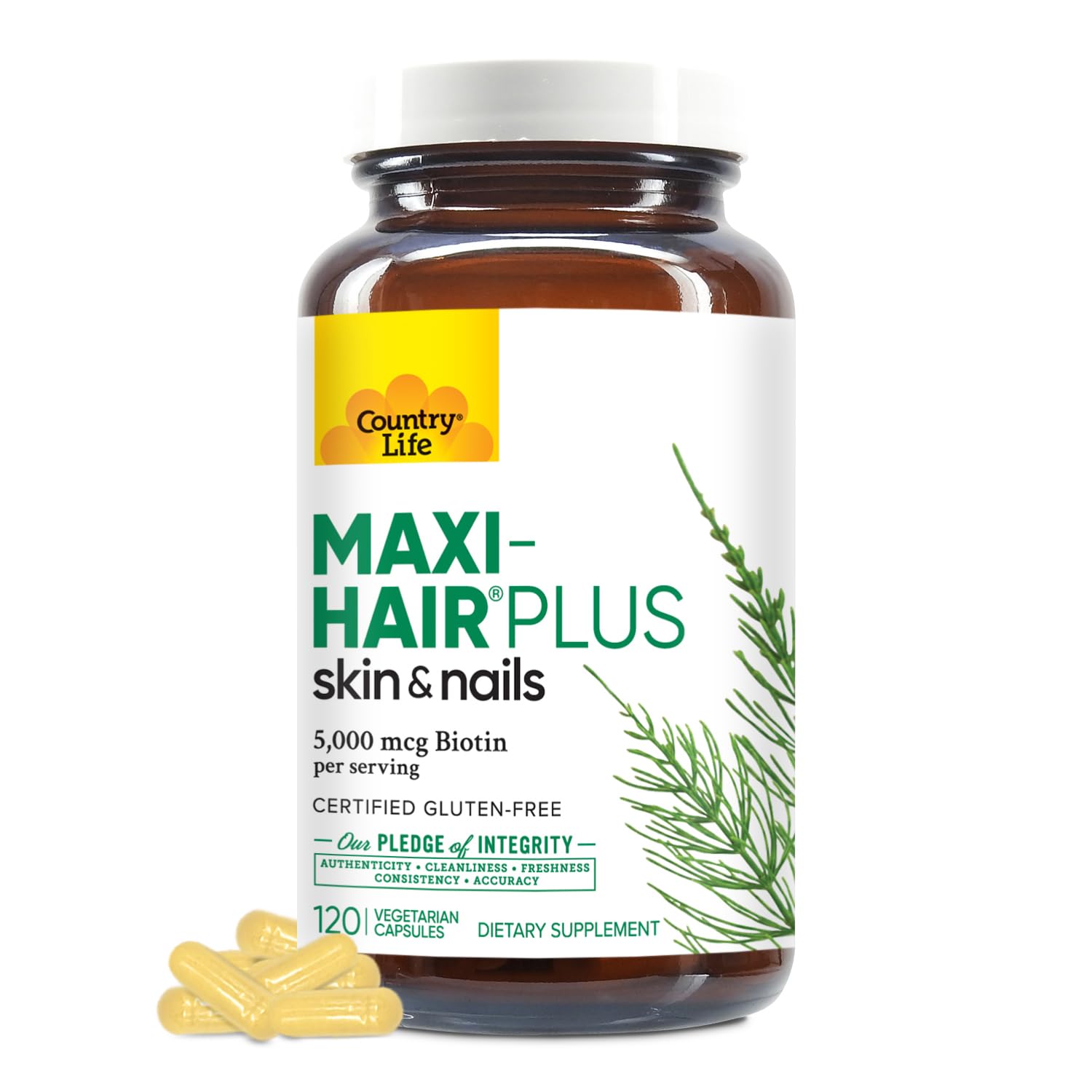 Country Life Maxi Hair Plus skin and nails bottle with capsules and label details country life hair growth supplement