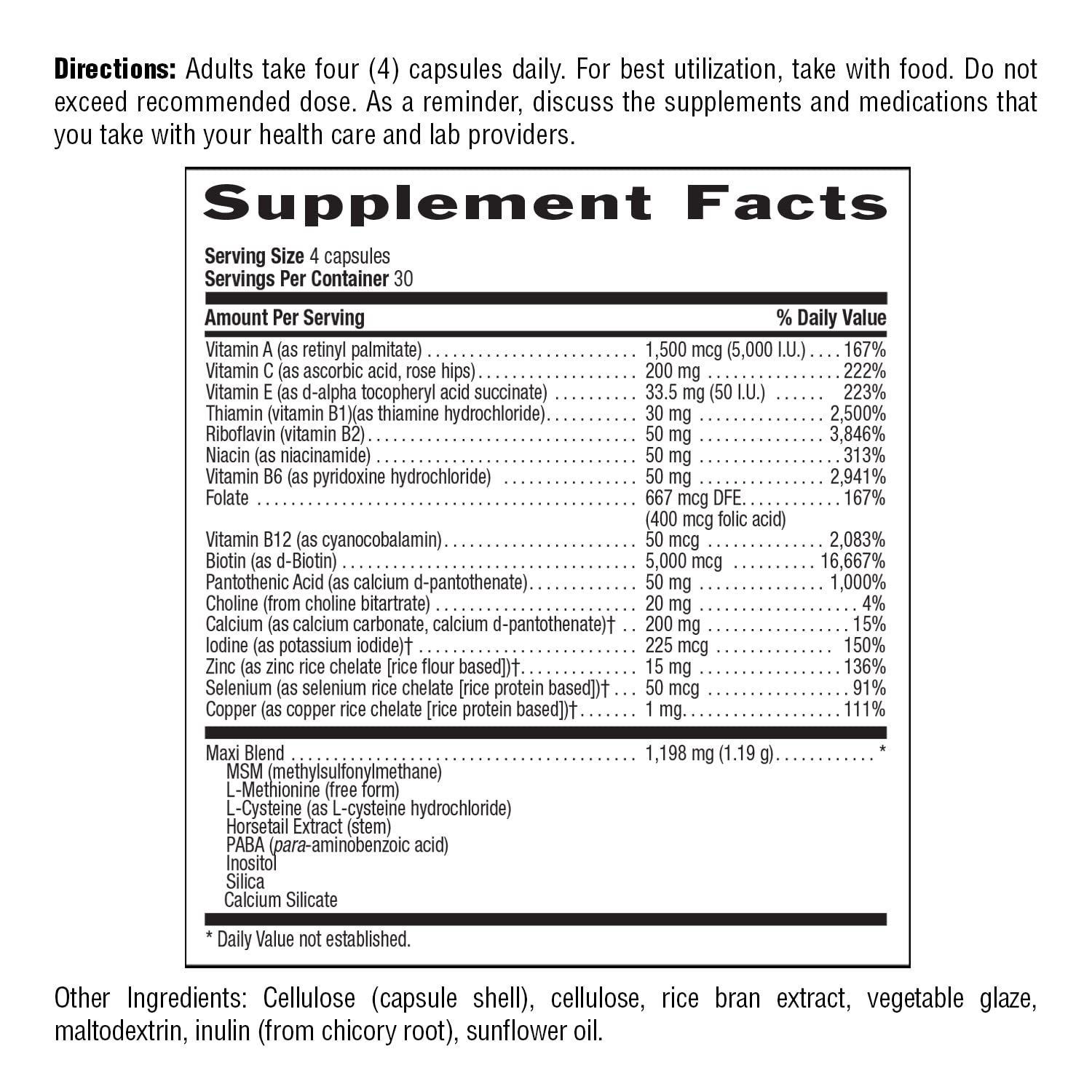 country life hair growth supplement label showing Supplement Facts serving size directions and ingredient list