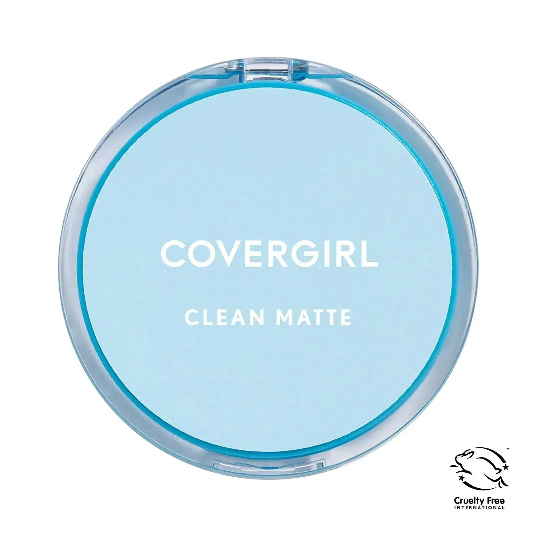 Pressed face powder compact, blue lid with COVERGIRL Clean Matte text and cruelty-free icon