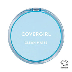 Pressed face powder compact, blue lid with COVERGIRL Clean Matte text and cruelty-free icon