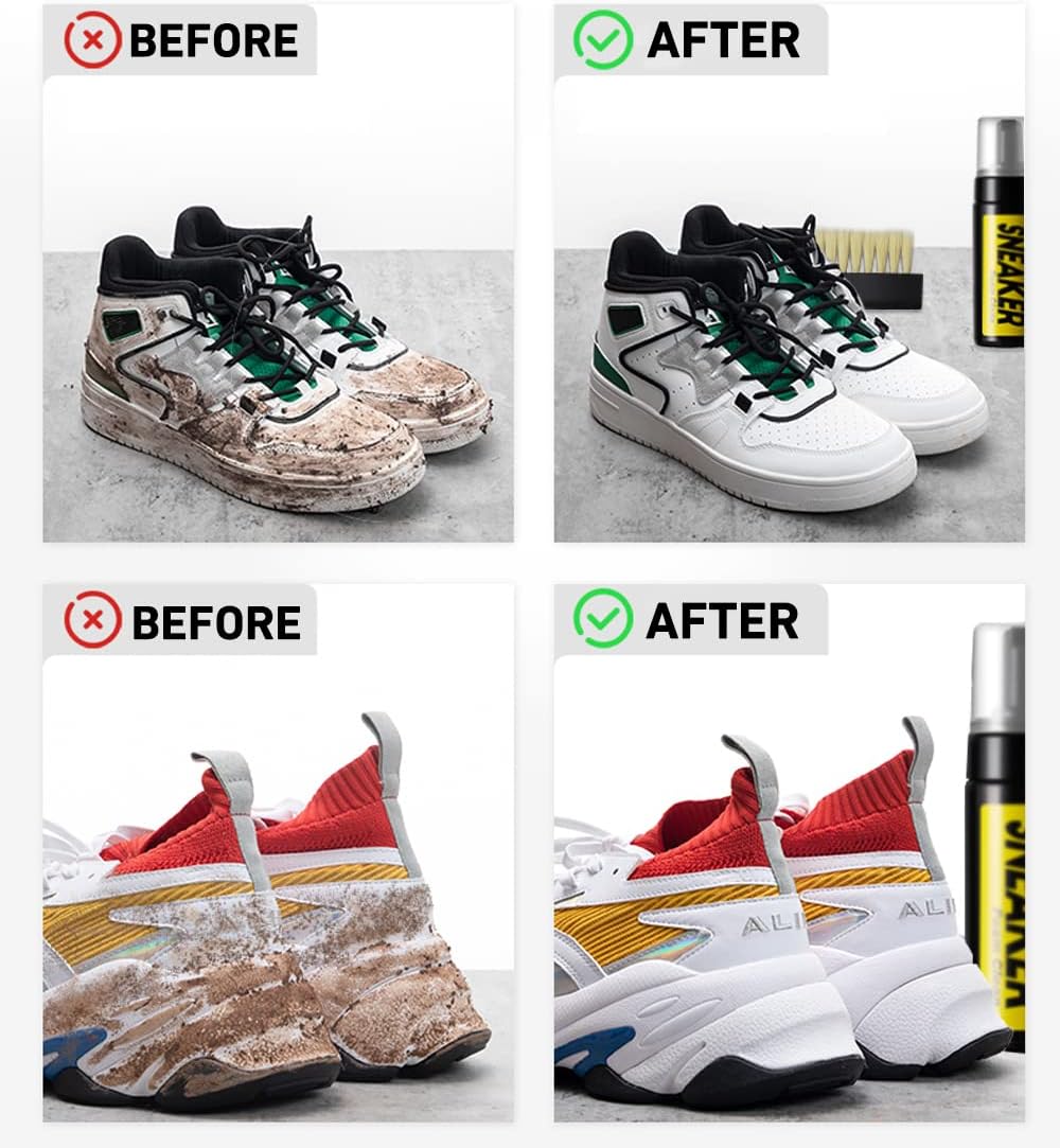 Before and after cleaning images showing shoes transformed using waterless shoe cleaning foam for effective dirt removal